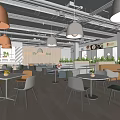 Modern Cafe Interior Design With Colorful Pendant Lights Dining Tables Chairs And Plants