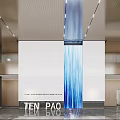 TEN PAO Modern Lobby Interior With Blue Cascade Water Feature And Reflective Floor