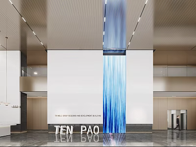 TEN PAO Modern Lobby Interior With Blue Cascade Water Feature And Reflective Floor 3d model