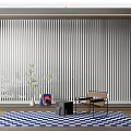 White Vertical Blinds in Modern Interior with Blue White Checkered Rug Chair and Potted Plant
