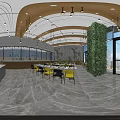 Modern Restaurant Interior With Yellow Black Chairs White Dining Tables Green Plants And Hanging Lights