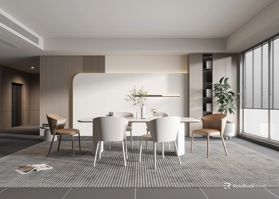 Modern Restaurant Interior With Dining Table Chairs Vase Plant And Open Window Design 3d model 