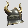 Viking Style Golden Metal Helmet With Brown Horns And Decorative Rivets Design