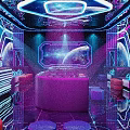 Modern KTV Interior Design With Neon Lights Mirrored Walls Bar Counter And Comfortable Sofas