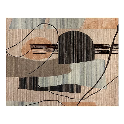 Contemporary Abstract Square Rug Featuring Curved Lines And Geometric Shapes In Beige Brown Gray Tones 3d model