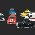 Collection of Various Toy Car Models Including Police Ambulance Taxi and Sports Car