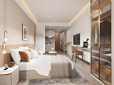 Modern Apartment Interior With Bed Sofa Desk Chair Open Kitchen And Glass Wardrobe 3d model