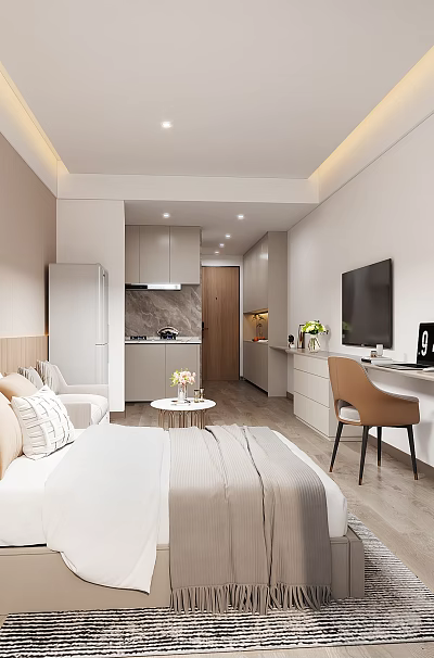 Modern Apartment Interior With Bed Sofa Desk Chair Open Kitchen And Glass Wardrobe 3d model