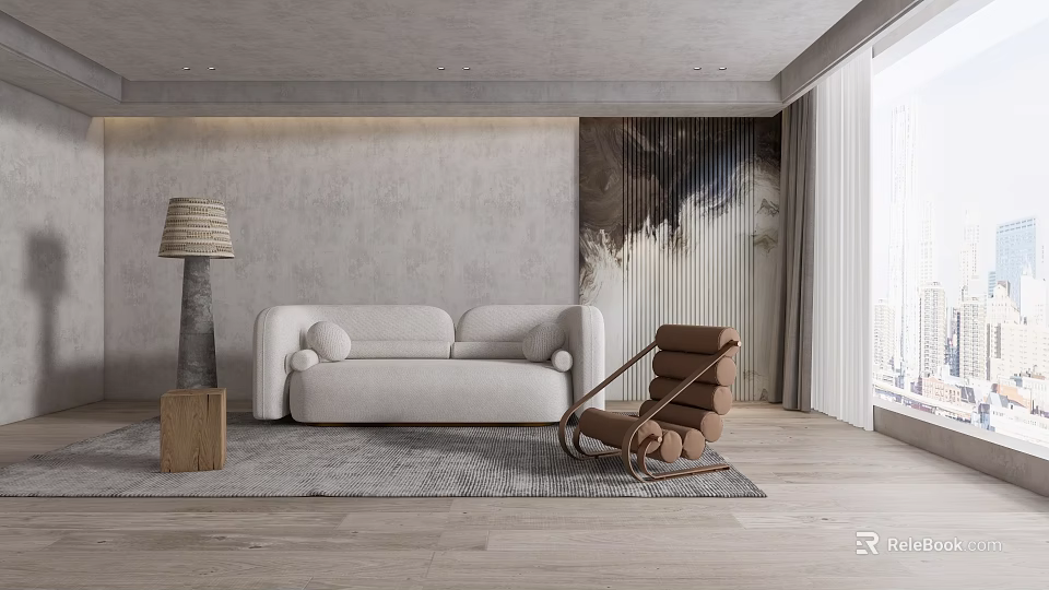 Modern Living Room Interior With White Sofa Brown Rocking Chair And Abstract Wall Art 3d model 