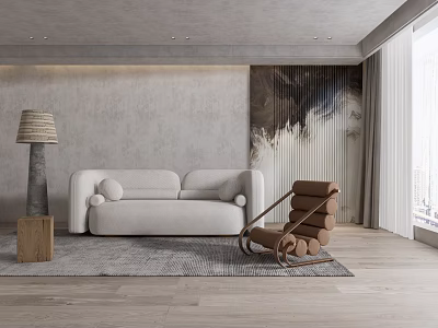 Modern Living Room Interior With White Sofa Brown Rocking Chair And Abstract Wall Art 3d model