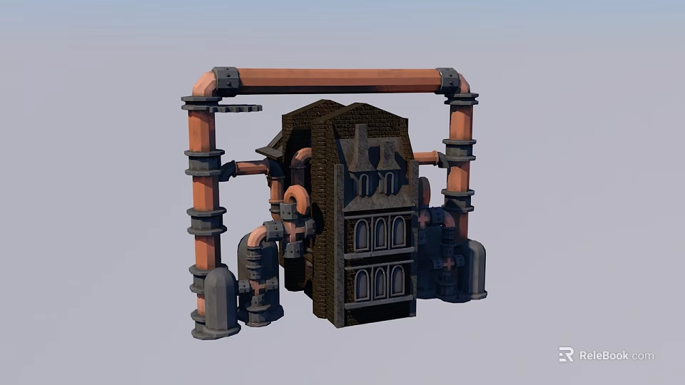 Industrial Style Building Model with Brick Walls Exposed Pipes Multiple Windows and Chimney 3d model 