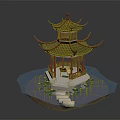 Cartoon Style Chinese Traditional Pavilion On Water Surface With Lotus Flowers And Stone Steps