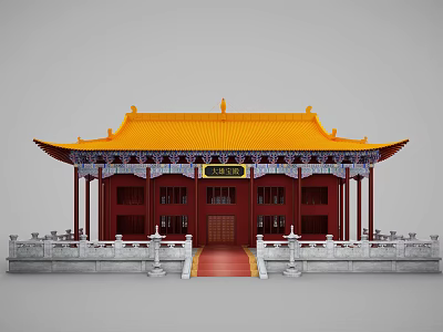 Traditional Chinese Ancient Architecture With Yellow Roof Red Pillars Red Doors And White Railings 3d model