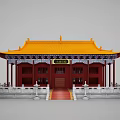 Traditional Chinese Ancient Architecture With Yellow Roof Red Pillars Red Doors And White Railings