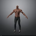 Muscular Shirtless Man Standing With Arms Outstretched Wearing Jeans And Sneakers On Grey Background