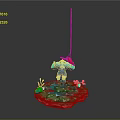 Blue Character With Red Hat Standing On Green Platform With Purple Flowers And Hanging Rope