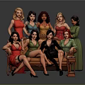Group of women sitting standing in colorful dresses suits against gray background with small table