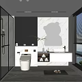 Modern Bathroom Interior Featuring Glass Shower Marble Wall Decorative Mirror Vanity Wooden Shelf And Plants