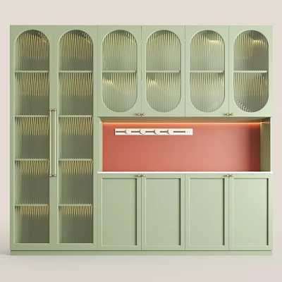 Light Green Sideboard With Circular Cutout Design Red Countertop And Metal Handles 3d model