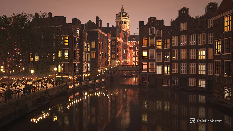 Historic Commercial Street with Canal Reflections Traditional Buildings Clock Tower and Evening Lights 3d model 