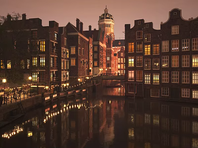 Historic Commercial Street with Canal Reflections Traditional Buildings Clock Tower and Evening Lights 3d model