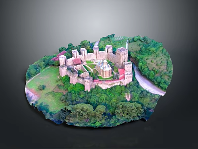 Modern Castle Model Display With Green Trees Grass Circular Layout Towers Main Building Walls 3d model