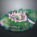 Modern Castle Model Display With Green Trees Grass Circular Layout Towers Main Building Walls