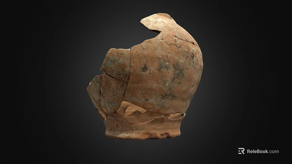 Broken Ancient Clay Pottery Fragment With Visible Cracks And Weathered Texture On Dark Background 3d model 