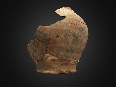 Broken Ancient Clay Pottery Fragment With Visible Cracks And Weathered Texture On Dark Background 3d model