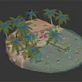 Cartoon Scene Of Tropical Island With Palm Trees Wooden Hut Wooden Dock And Blue Water