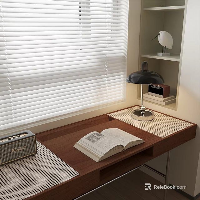 Wooden Desk With Open Book Table Lamp Radio And Window With White Blinds 3d model 