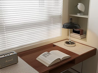 Wooden Desk With Open Book Table Lamp Radio And Window With White Blinds 3d model