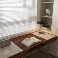 Wooden Desk With Open Book Table Lamp Radio And Window With White Blinds