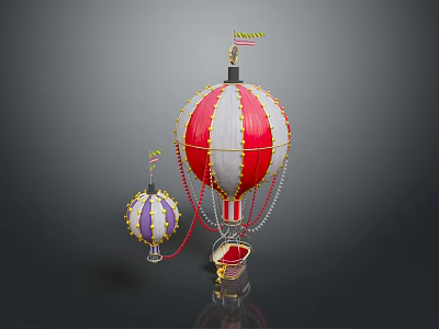 Large And Small Hot Air Balloons With Red White Purple Yellow Stripes And Tassels 3d model