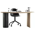 Modern Wooden Oval Desk with Glass Cup Pen Holder Notebook and Black Chair