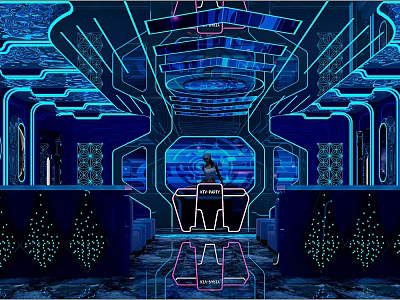 Futuristic KTV Interior Design With Blue Neon Lights And High Tech Lighting 3d model