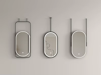 Three Oval Mirrors With Black Metal Frames Hanging On Light Colored Wall 3d model