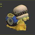 Snail Sculpture Carving with Blue Shell Emblem Pink Hat Black Stone Texture and Yellow Body