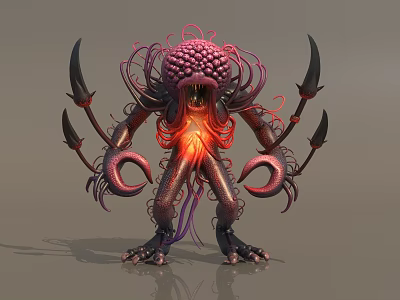 Frightening Fantasy Monster With Glowing Red Core Purple Tentacles And Sharp Claws 3d model
