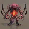 Frightening Fantasy Monster With Glowing Red Core Purple Tentacles And Sharp Claws