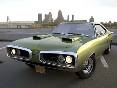 Green Classic Muscle Car With Two Door Design And Hood Vents In City Skyline 3d model
