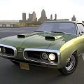 Green Classic Muscle Car With Two Door Design And Hood Vents In City Skyline