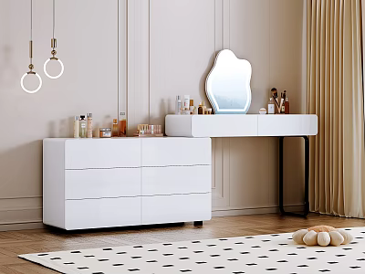 Elegant White Vanity Interior With Decorative Mirror Drawers Hanging Lights And Beauty Products 3d model