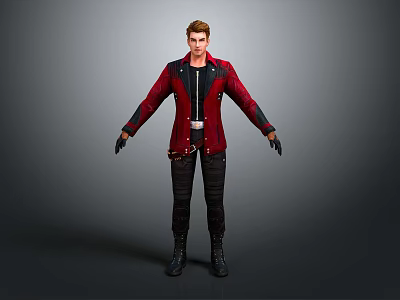 Male Character In Red And Black Coat With Black Pants Boots And Gloves 3d model
