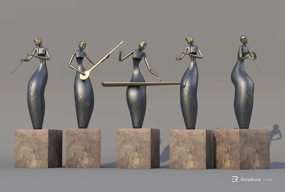 Decorative Female Musician Figurine Set Playing Instruments With Metallic Finish And Marble Bases 3d model 