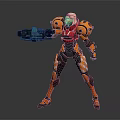Futuristic Armored Female Character With Orange Red Armor Mechanical Arm And Weapon Design