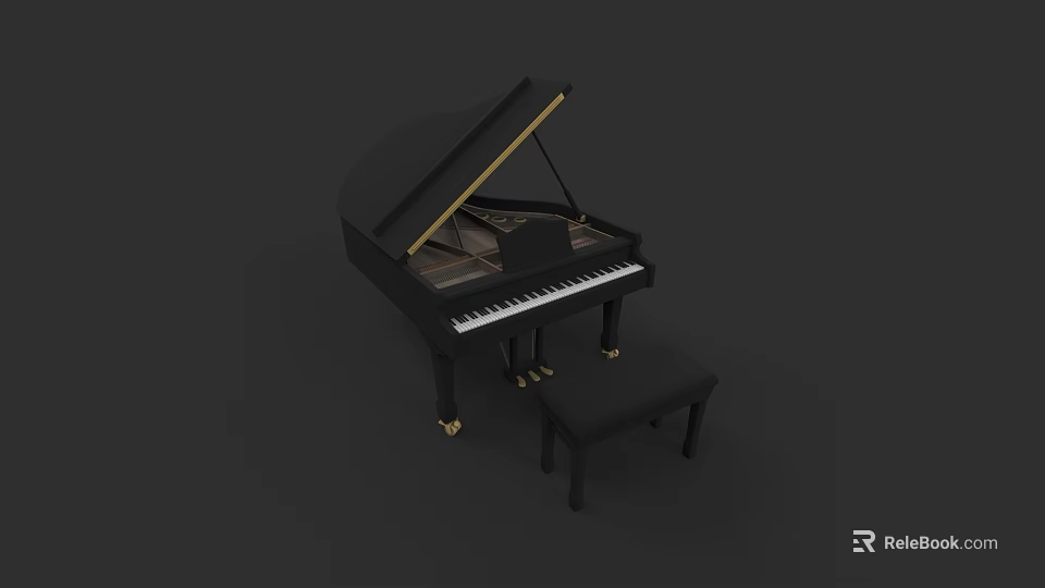Classic Black Grand Piano With Matching Stool In Minimalist Design Setting 3d model 