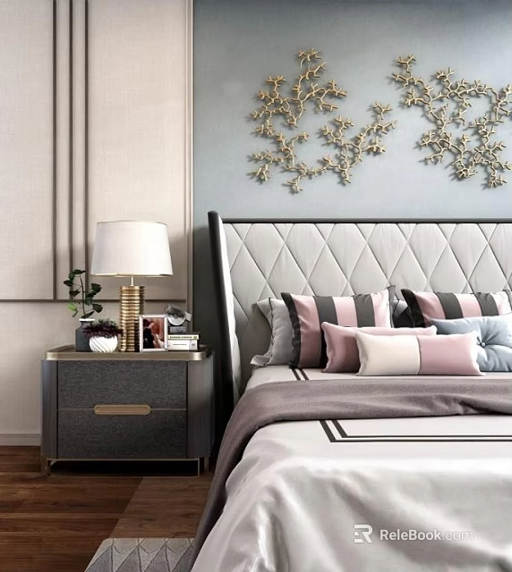 Modern Elegant Background Double Bed With Tufted Headboard Decorative Pillows And Gold Branch Wall Decor 3d model 