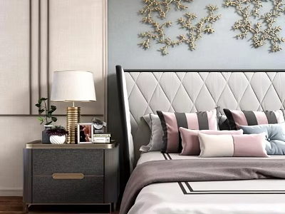 Modern Elegant Background Double Bed With Tufted Headboard Decorative Pillows And Gold Branch Wall Decor 3d model