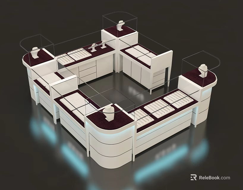 Modern Retail Display Shelves With White And Maroon Modular Units For Showcasing Products 3d model 